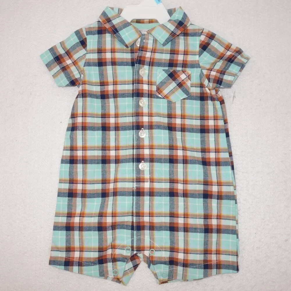 NEW Carter's 6 Month Blue Rust Plaid Button Up w/ Collar Romper Short Outfit